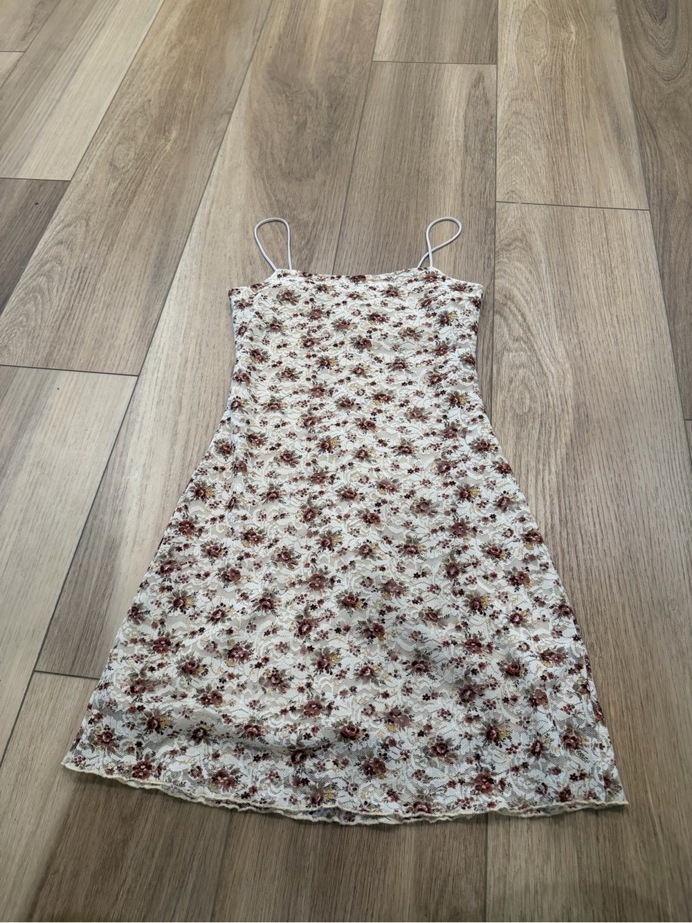 Y2K illusion paper tag Floral Lace Slip Dress in Cream with Brown Floral Print